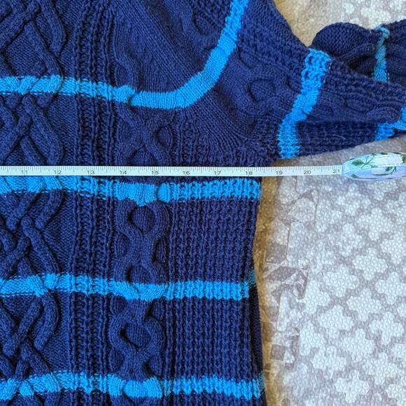 Vintage Liz Claiborne Striped Blue Cable Knit Chunky Sweater Cotton Size Large - Picture 7 of 7